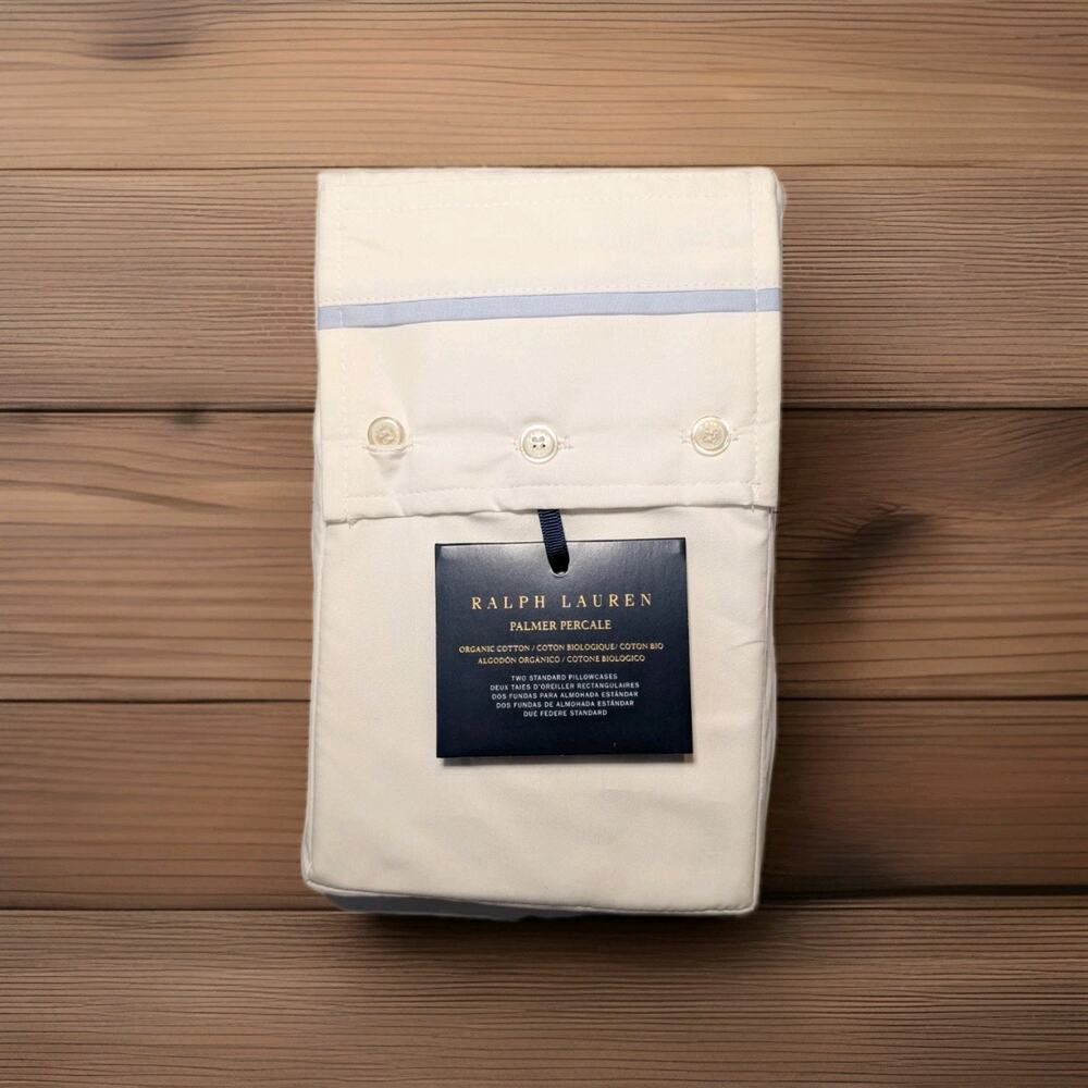 Ralph Lauren Palmer Percale Organic Standard Pillowcases Pkg of 2 White Blue NWT